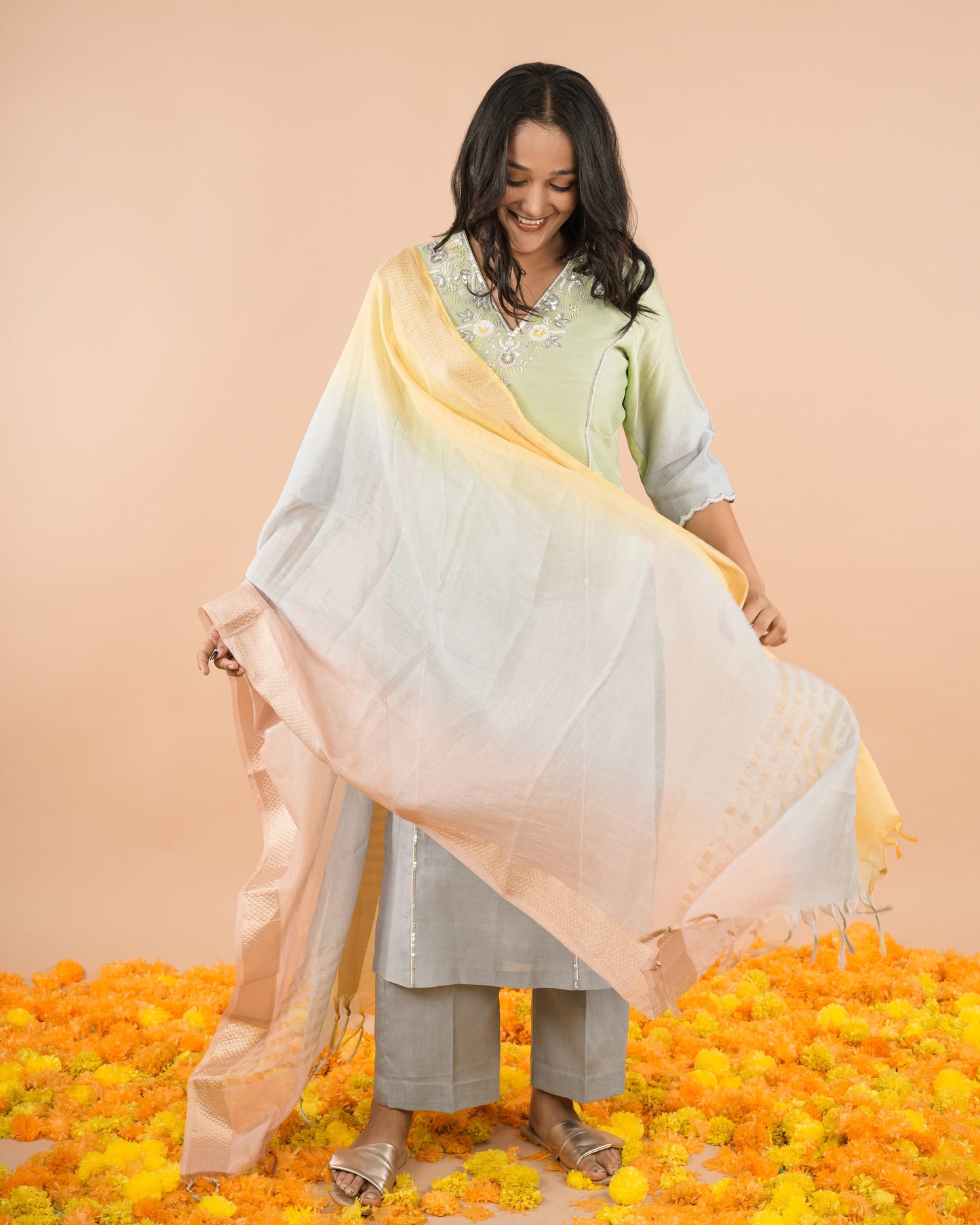 Green Grey Shaded Kurta