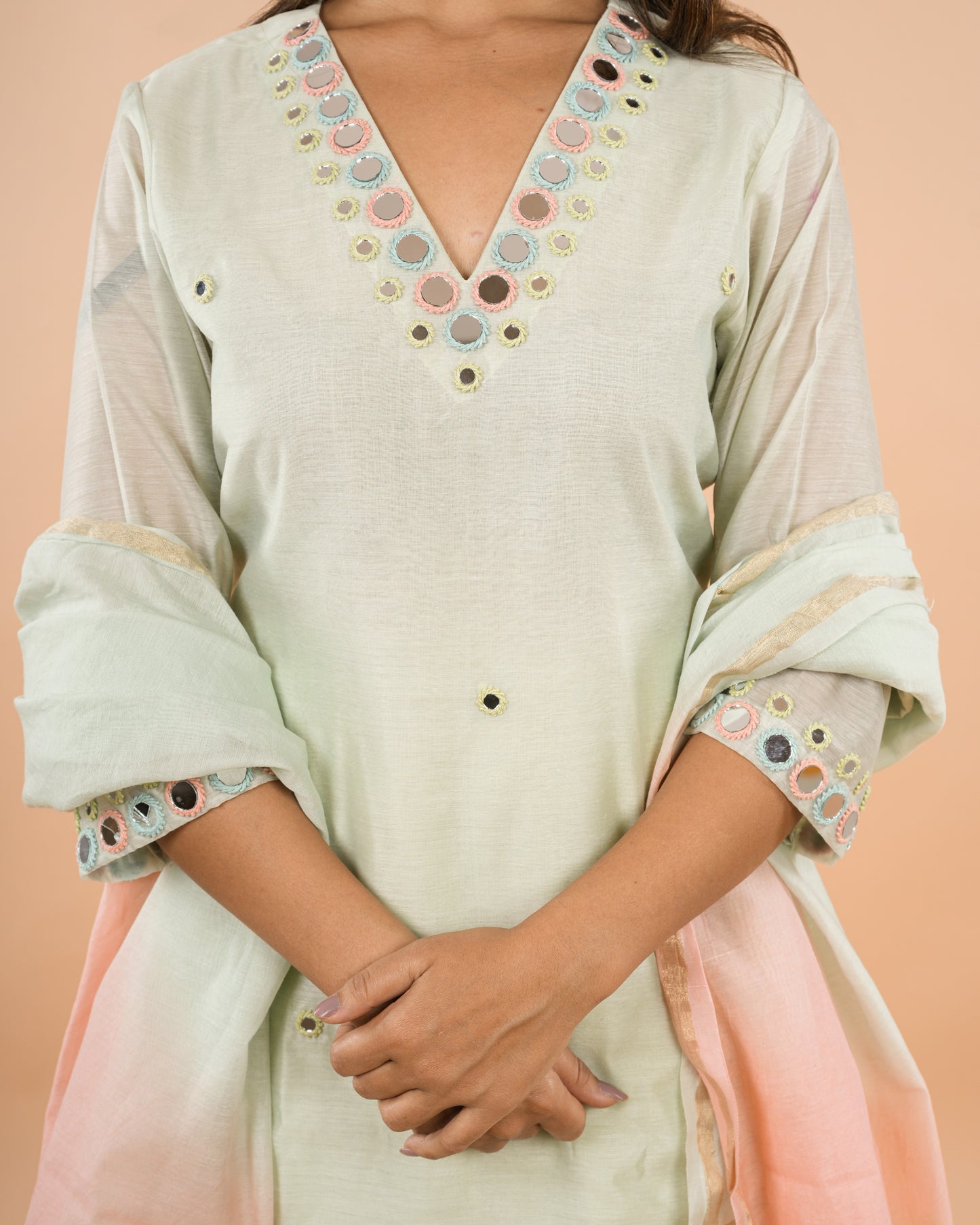 Green Mirror Work Kurta Set