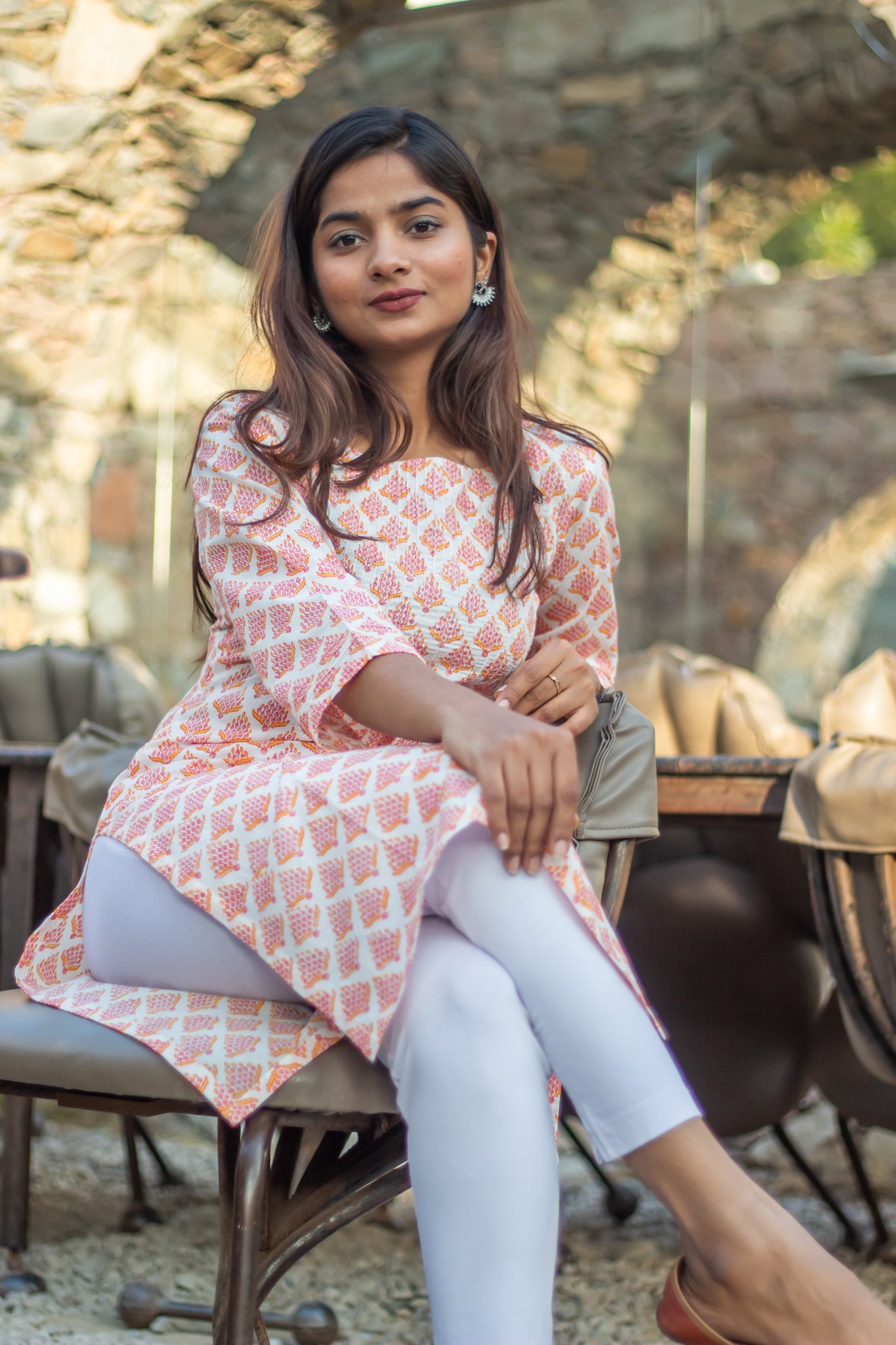 Orange White Pintucks Kurti