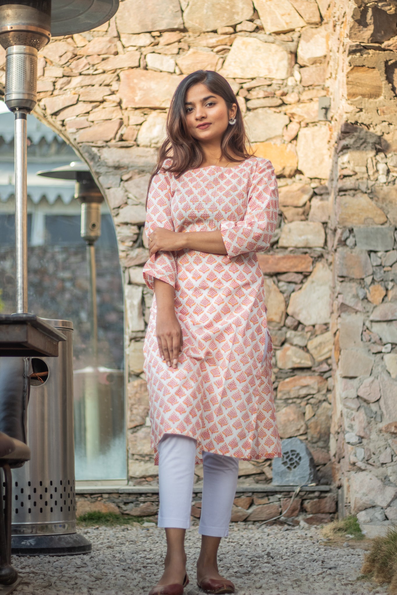Orange White Pintucks Kurti