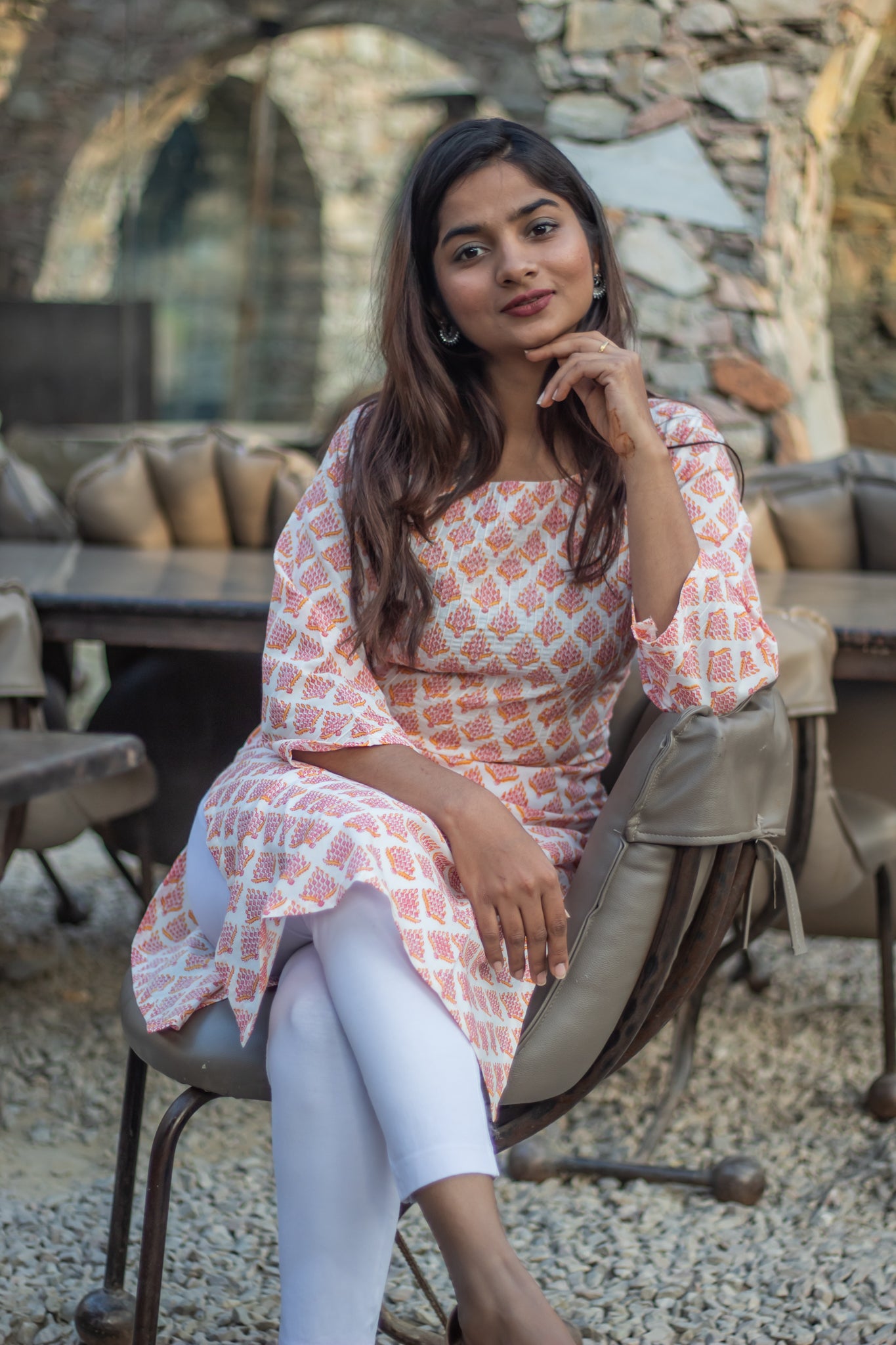 Orange White Pintucks Kurti