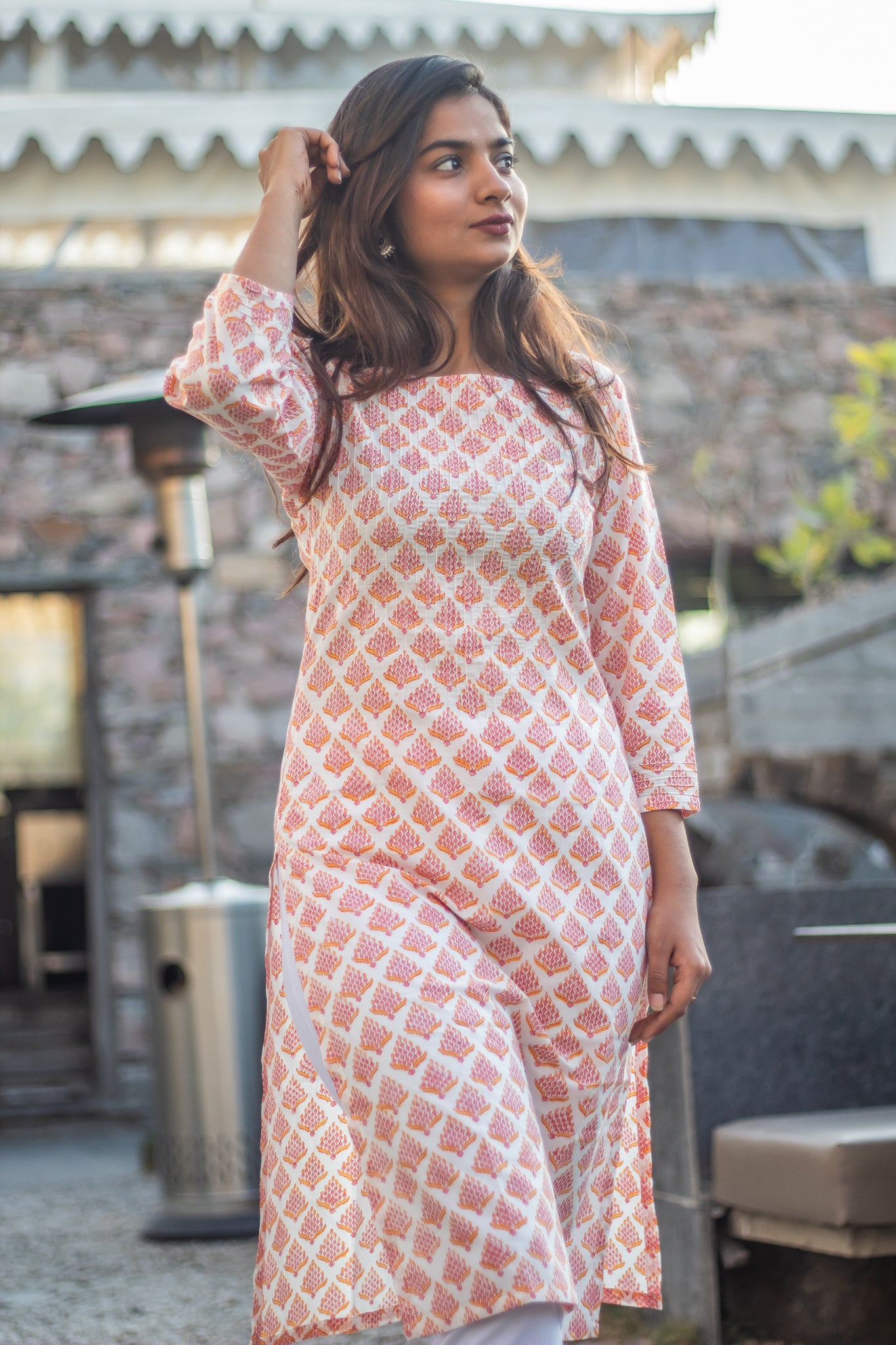 Orange White Pintucks Kurti