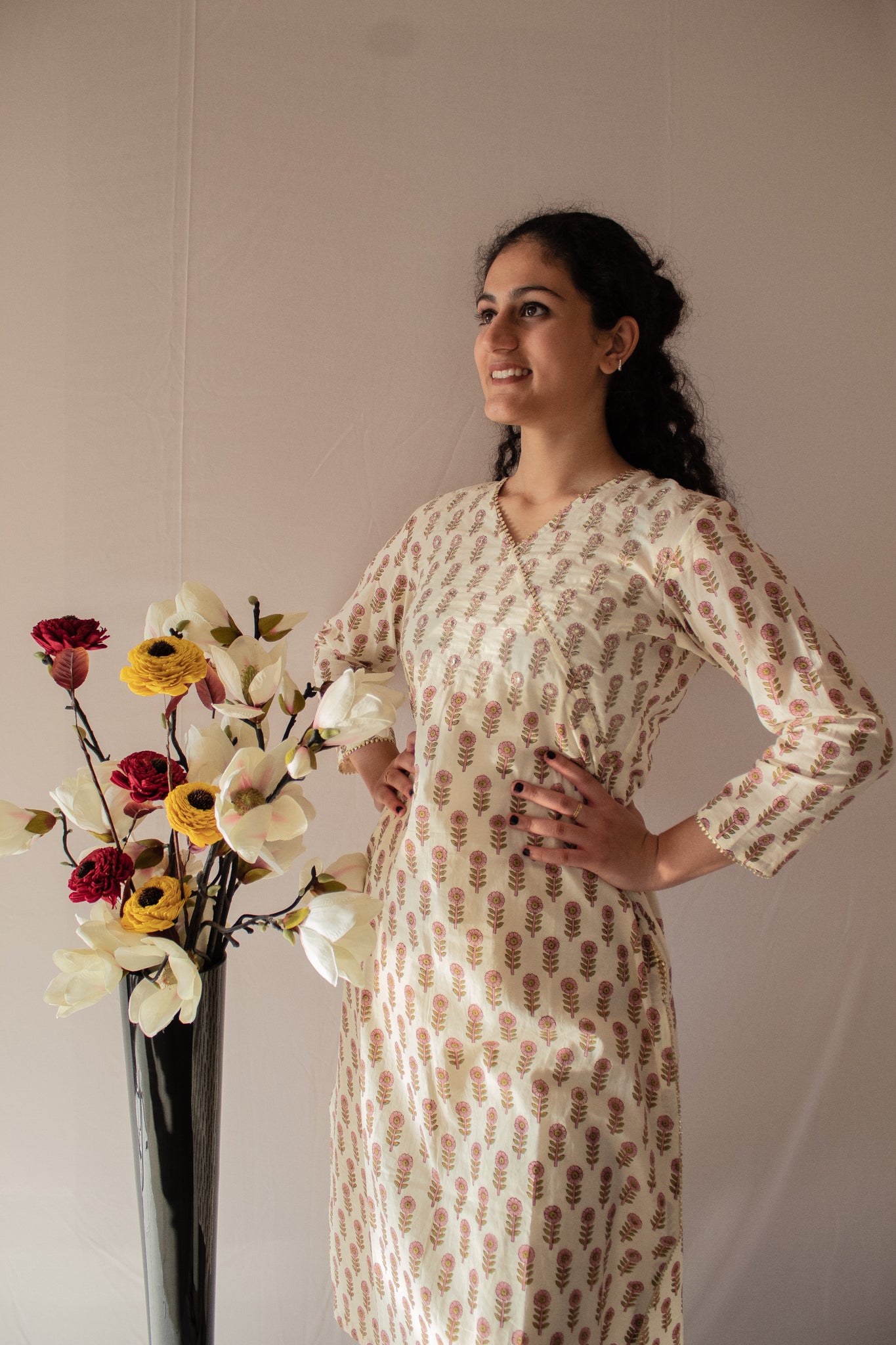 Cream Floral Print Kurti