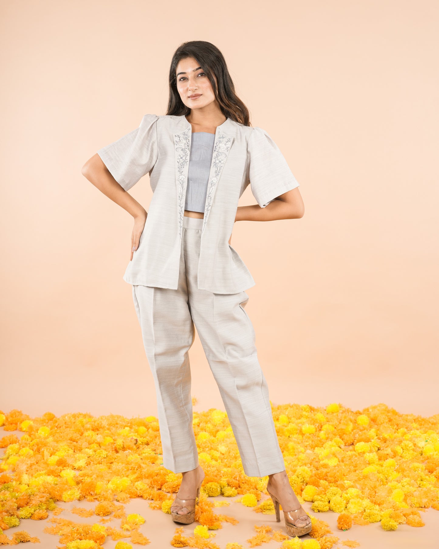 Grey Linen Blazer Set