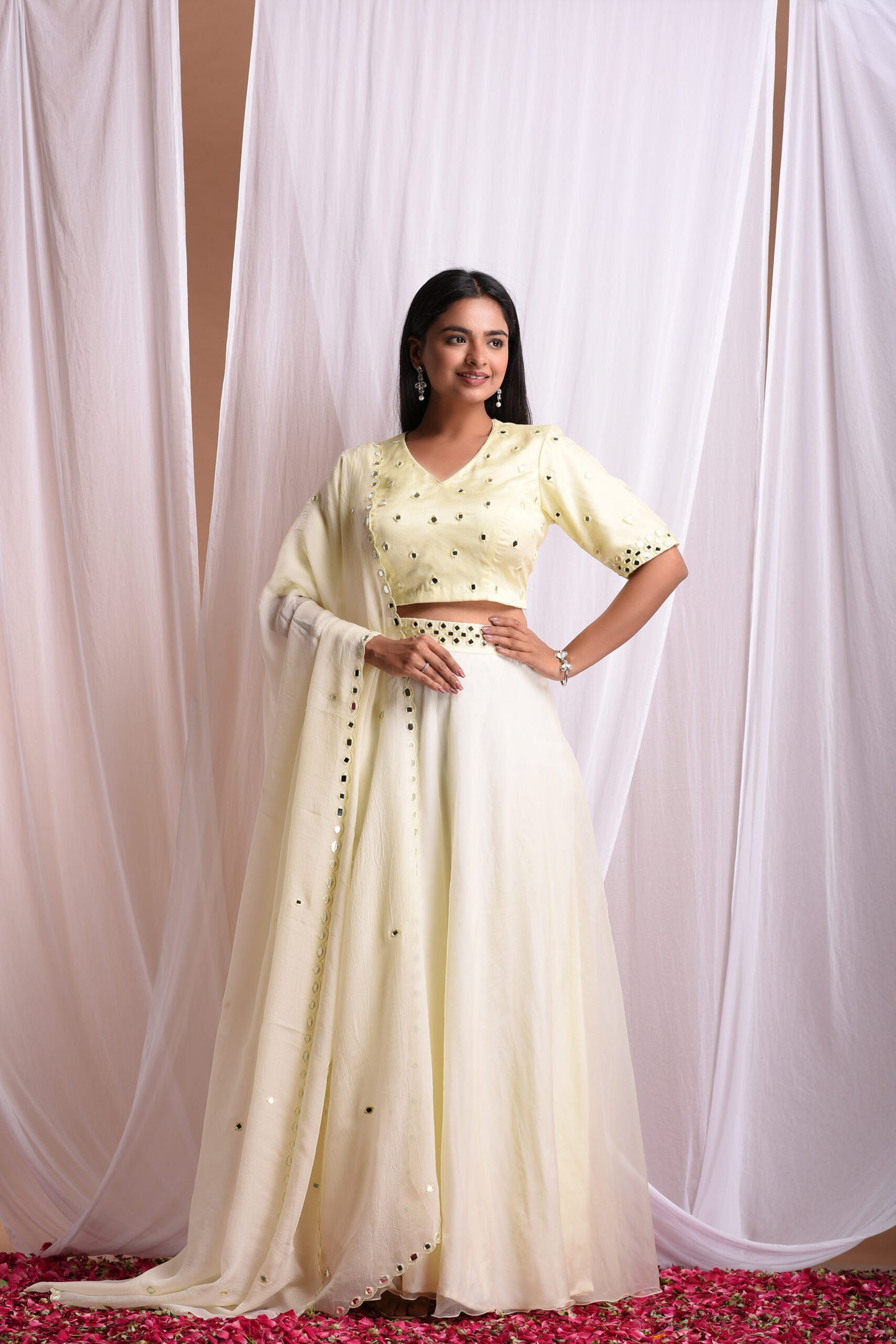 Yellow Mirror Embroidered Lehenga Set