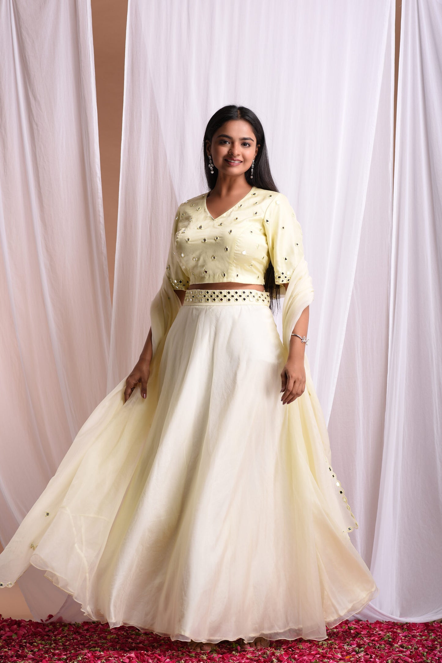 Yellow Mirror Embroidered Lehenga Set